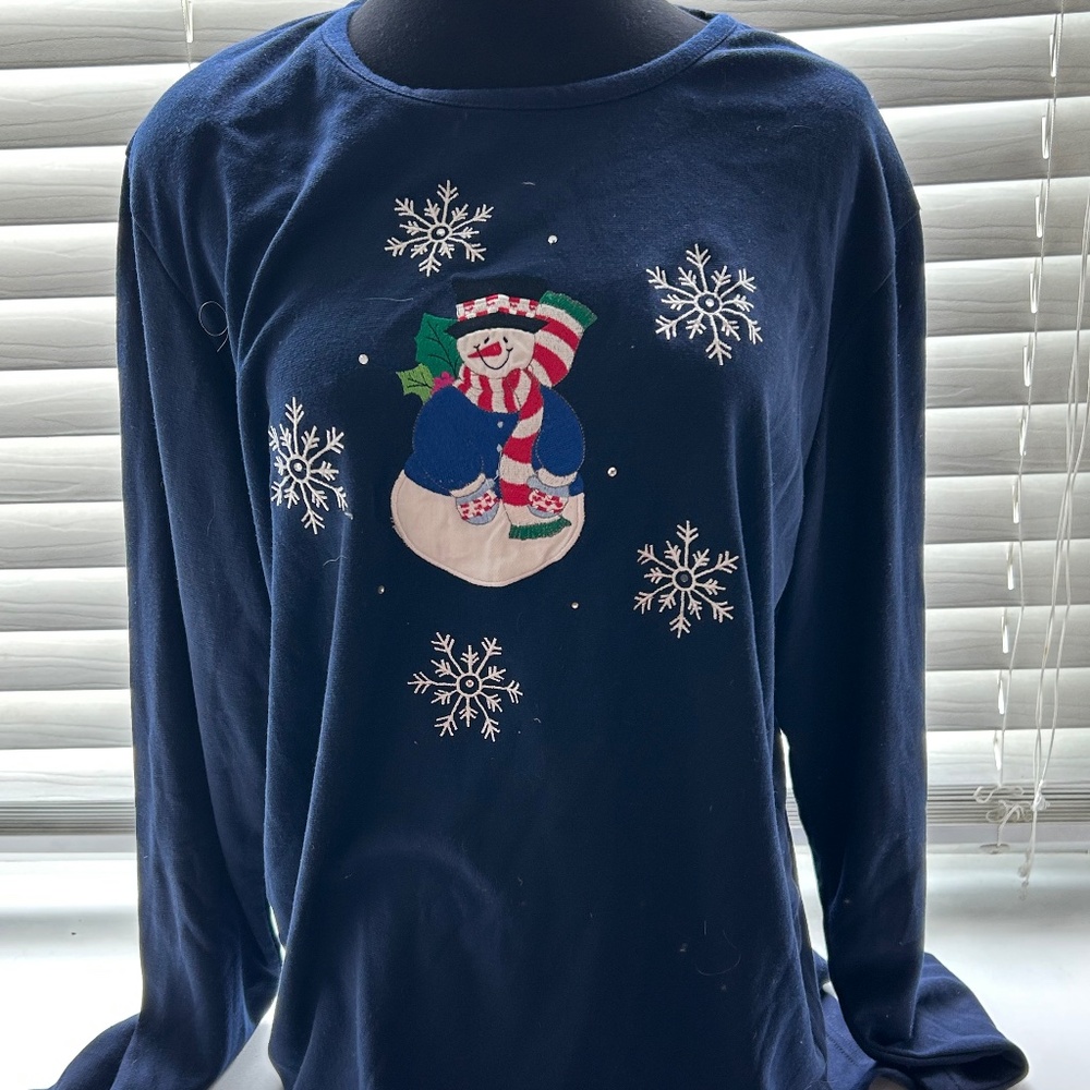 NWT Snowman Snowflake Top Quacker Factory Navy Appliqué